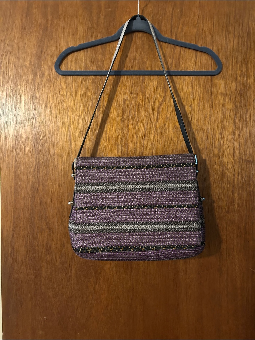 Woven Purple Stripe Shoulder Bag with Black Strap